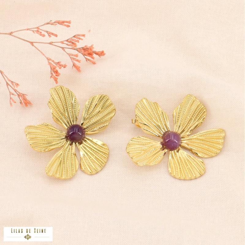 Boucles d'oreilles hibiscus en acier doré et pierres naturelles GUIDA violet