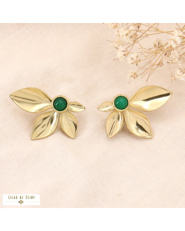 Boucles d'oreilles acier inoxydable demi-fleur pierre INES vert