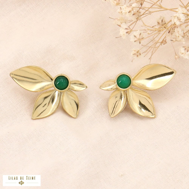 Boucles d'oreilles acier inoxydable demi-fleur pierre INES vert