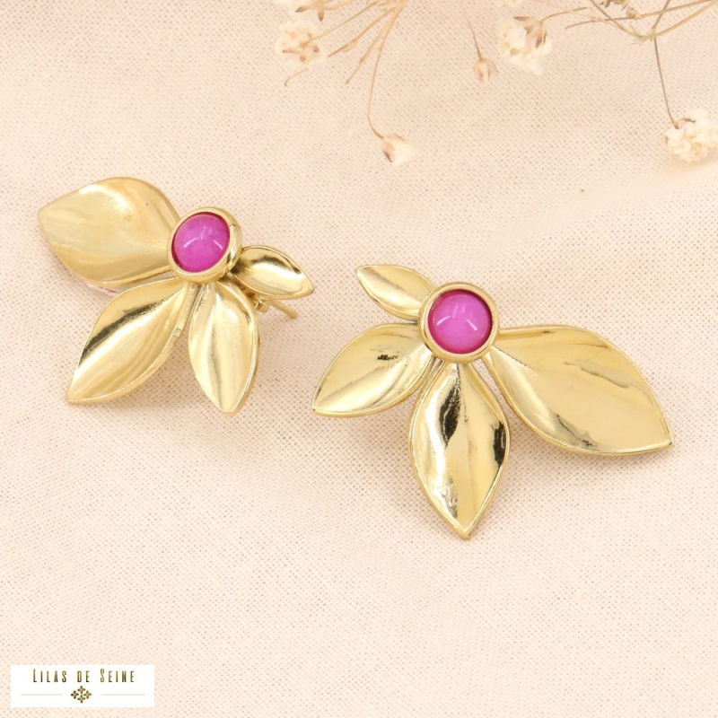 Boucles d'oreilles acier inoxydable demi-fleur pierre INES fushia