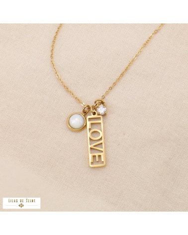 Collier acier inoxydable LOVE nacre strass LIVIA doré