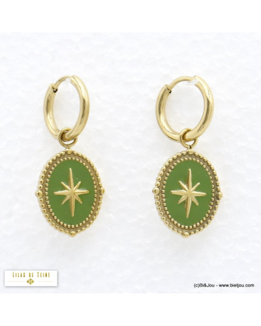 Boucles d'oreilles en acier et pendentif étoile du nord en émail ADRIELLE vert