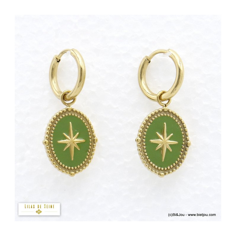 Boucles d'oreilles en acier et pendentif étoile du nord en émail ADRIELLE vert