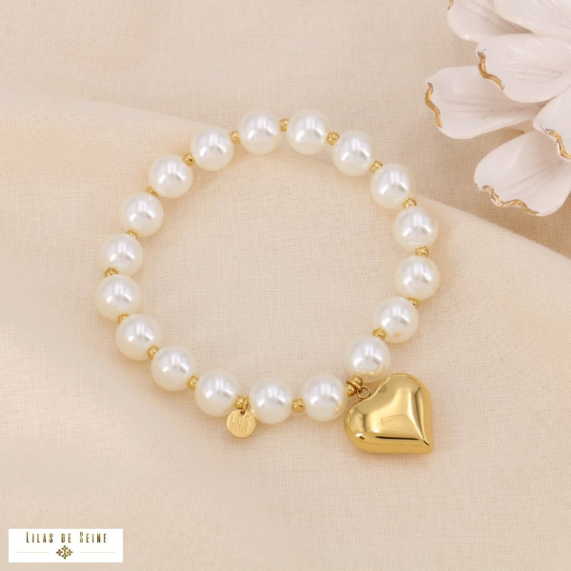 Bracelet perles nacrées coeur acier CUPIDON blanc