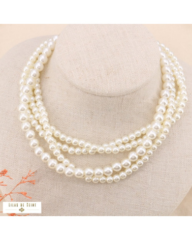 Collier ras de cou multi-rangs perles nacrées acier LANA blanc