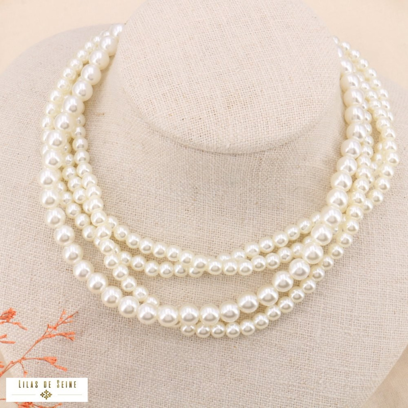 Collier ras de cou multi-rangs perles nacrées acier LANA blanc