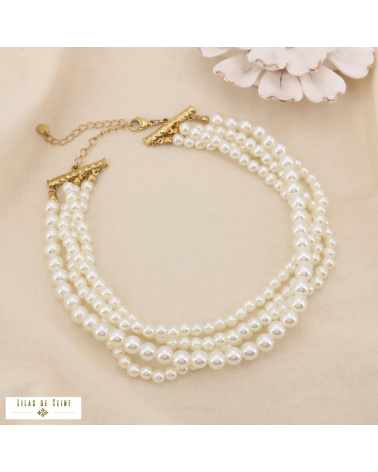 Collier ras de cou multi-rangs perles nacrées acier LANA blanc