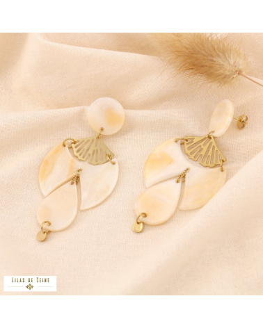 Boucles d'oreille oversized acier éventail résine marbrée MAYA naturel/beige