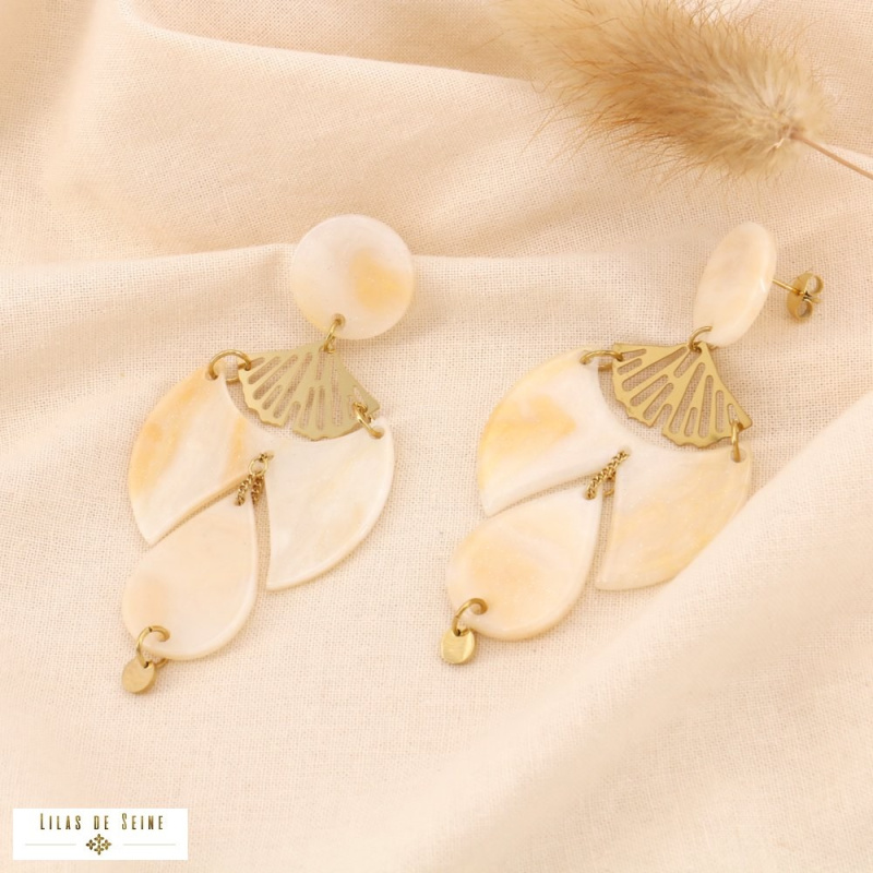 Boucles d'oreille oversized acier éventail résine marbrée MAYA naturel/beige