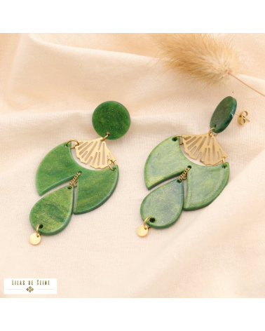 Boucles d'oreille oversized acier éventail résine marbrée MAYA vert