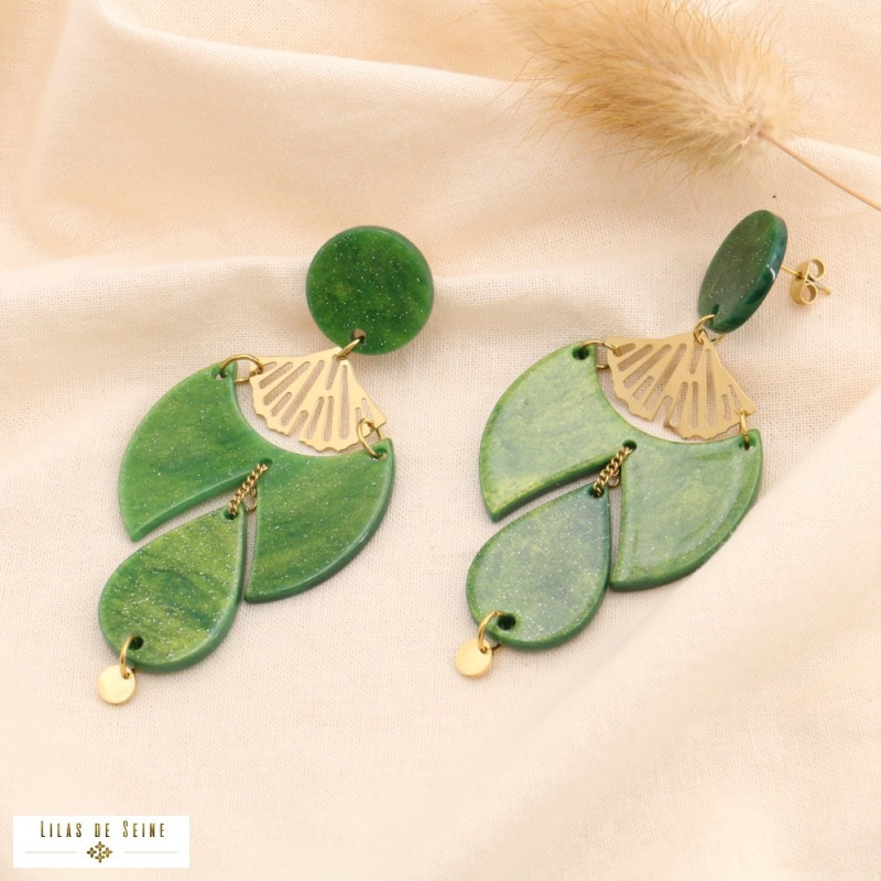 Boucles d'oreille oversized acier éventail résine marbrée MAYA vert