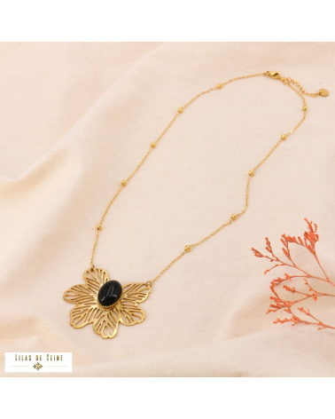 Collier acier inoxydable pendentif fleur filigrane DIANE noir