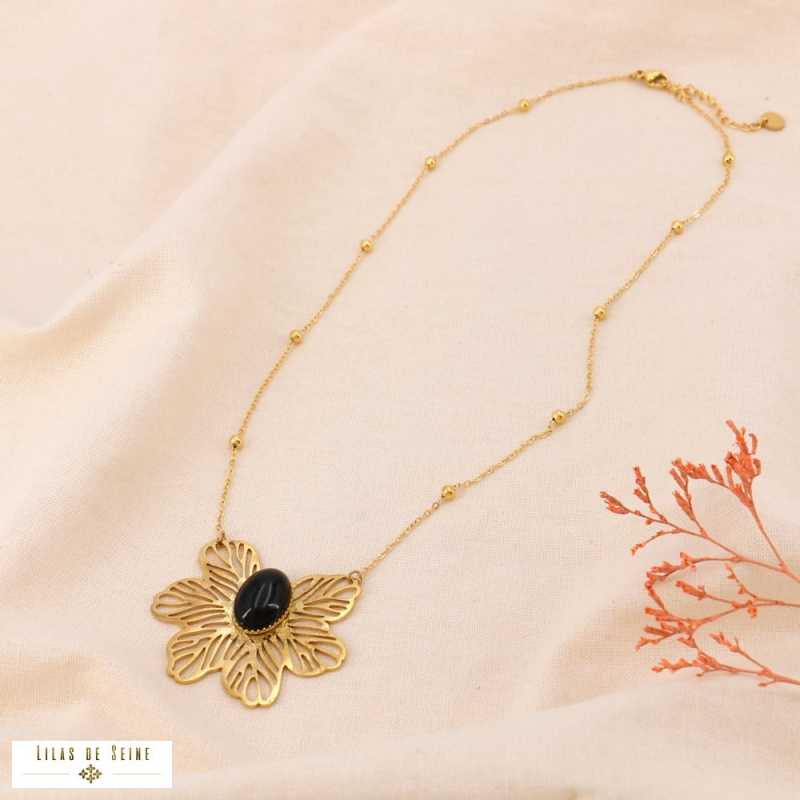 Collier acier inoxydable pendentif fleur filigrane DIANE noir