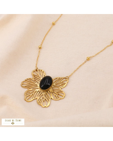 Collier acier inoxydable pendentif fleur filigrane DIANE noir