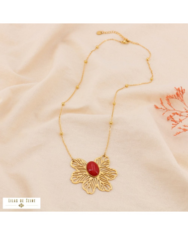 Collier acier inoxydable pendentif fleur filigrane DIANE rouge