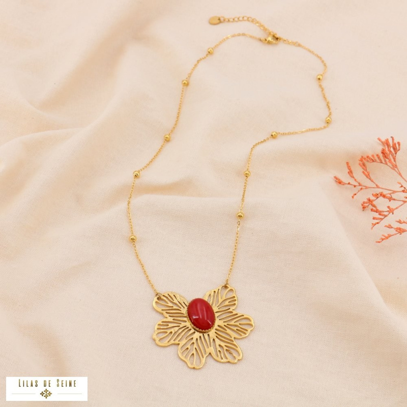 Collier acier inoxydable pendentif fleur filigrane DIANE rouge