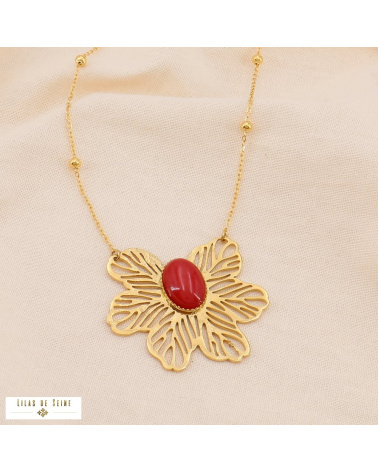 Collier acier inoxydable pendentif fleur filigrane DIANE rouge