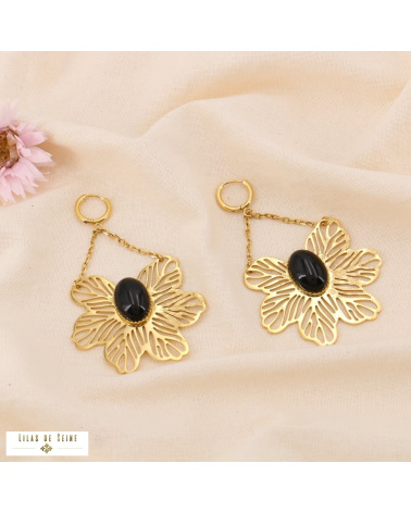 Boucles d'oreille oversized acier inoxydable fleur filigrane DIANE noir