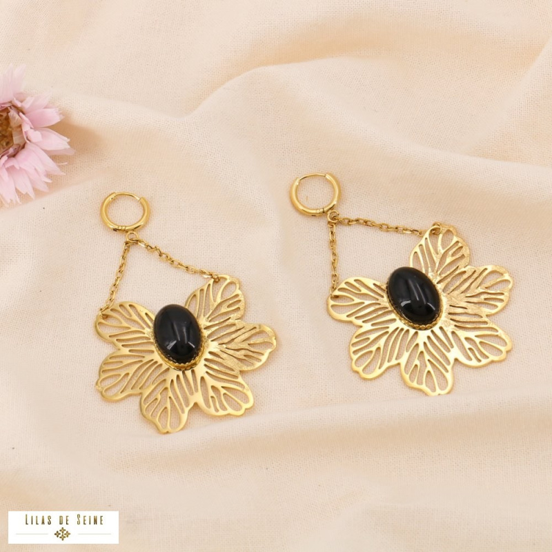 Boucles d'oreille oversized acier inoxydable fleur filigrane DIANE noir