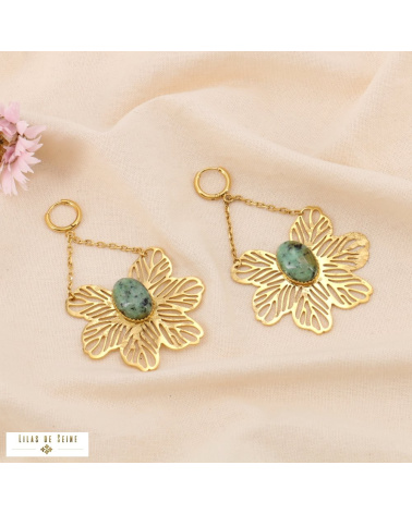 Boucles d'oreille oversized acier inoxydable fleur filigrane DIANE vert