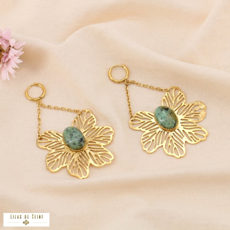 Boucles d'oreille oversized acier inoxydable fleur filigrane DIANE vert