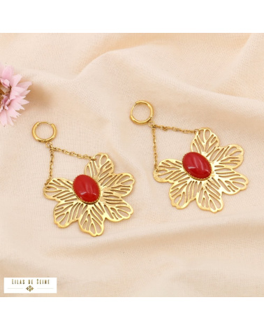 Boucles d'oreille oversized acier inoxydable fleur filigrane DIANE rouge