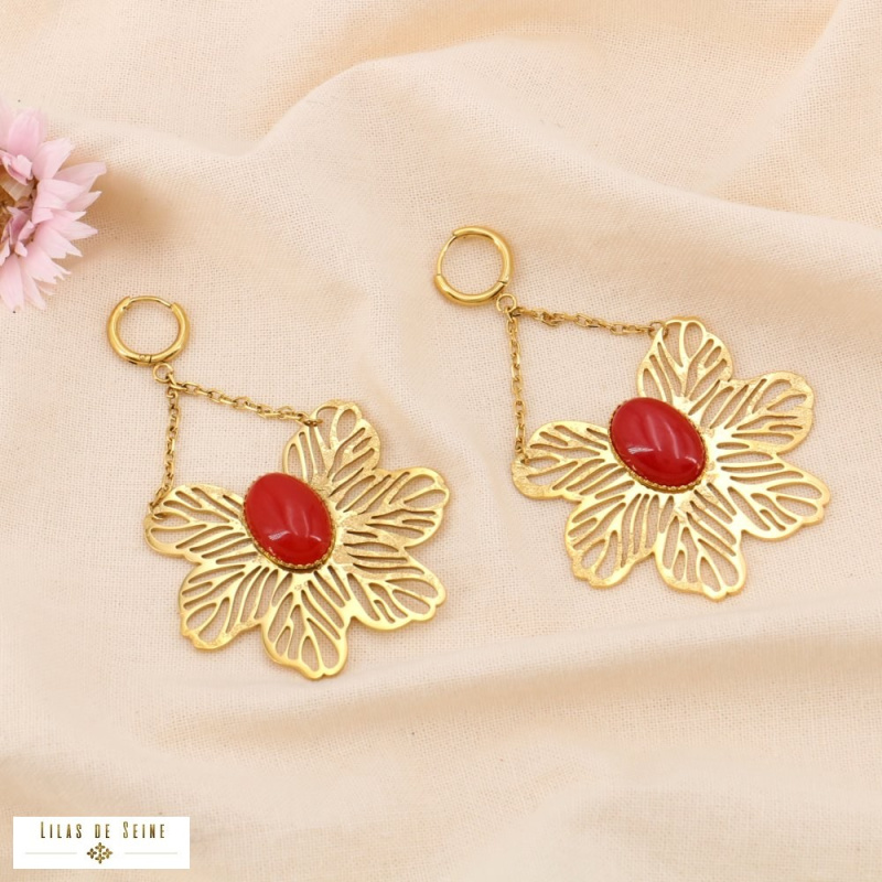 Boucles d'oreille oversized acier inoxydable fleur filigrane DIANE rouge