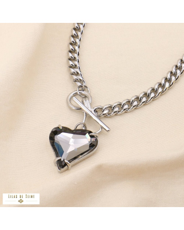 Collier chaîne acier gourmette pendentif coeur strass fermoir T LILY argenté