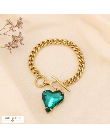 Bracelet chaîne acier gourmette pendentif coeur strass fermoir T LILY vert