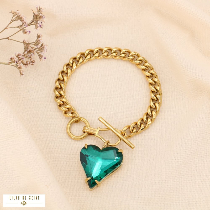 Bracelet chaîne acier gourmette pendentif coeur strass fermoir T LILY vert