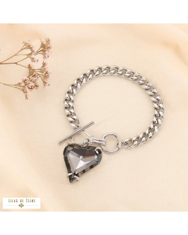 Bracelet chaîne acier gourmette pendentif coeur strass fermoir T LILY argenté