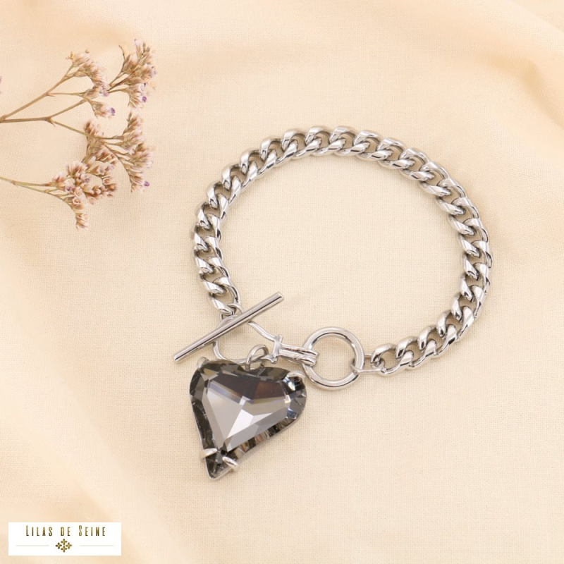 Bracelet chaîne acier gourmette pendentif coeur strass fermoir T LILY argenté