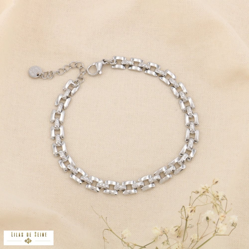 Bracelet chaîne maille carrée acier inoxydable ZELIE argenté