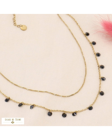 Collier court double-rangs en acier et perles strass HELIA noir