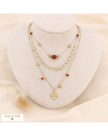 Collier trois rangs pierres et acier doré GRACY rouge bordeaux