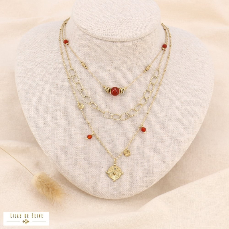 Collier trois rangs pierres et acier doré GRACY rouge bordeaux