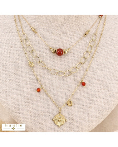 Collier trois rangs pierres et acier doré GRACY rouge bordeaux