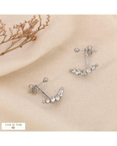 Boucles d’oreilles sous-lobe demi-lune en acier et strass CHRISTELLE argenté