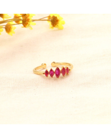 Bague fine acier inoxydable navettes strass LOUISE fushia