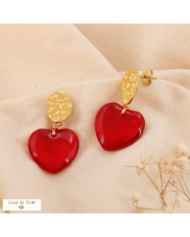 Boucles d’Oreilles Acier Cœur Rouge Verre EMILIA rouge