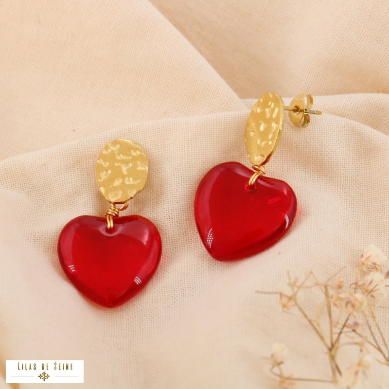 Boucles d’Oreilles Acier Cœur Rouge Verre EMILIA rouge